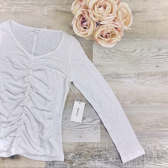 Frame Denim Tops - FRAME Ruched Linen V-neck Long Sleeve Shirt
